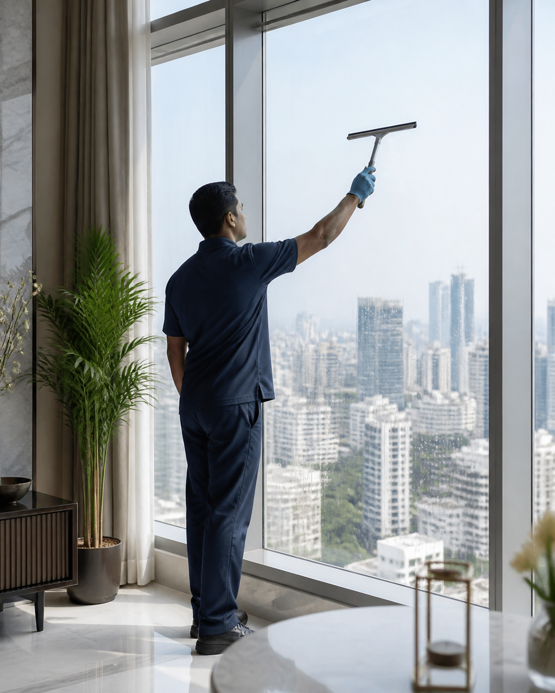 Cleaner washing a high-rise apartment window